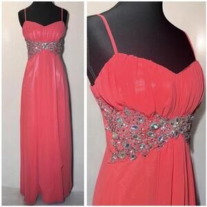 Y2K Coral Pink Beaded Chiffon Prom Gown Fairy Barbie Formal Dress Size 5/6